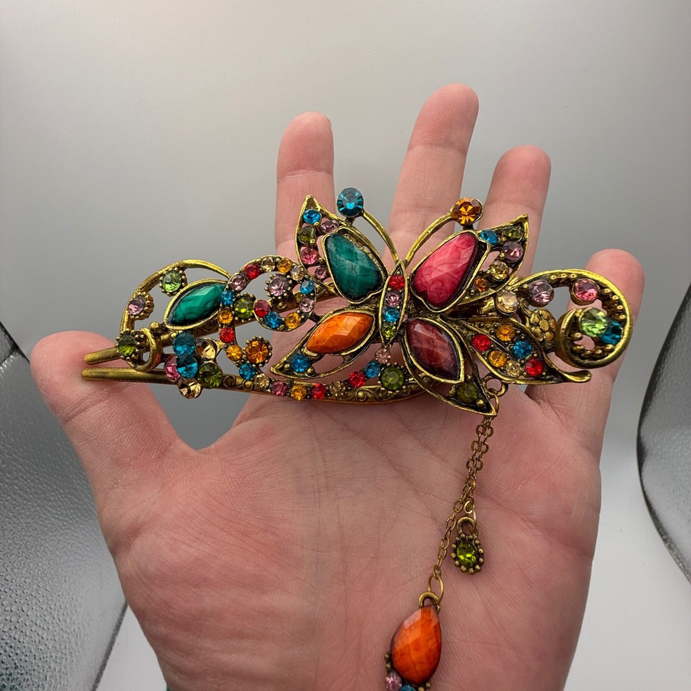 Large Butterfly Rhinestone Hair Fork Clip Multicolor Jeweled Dangle 5.5" 54g